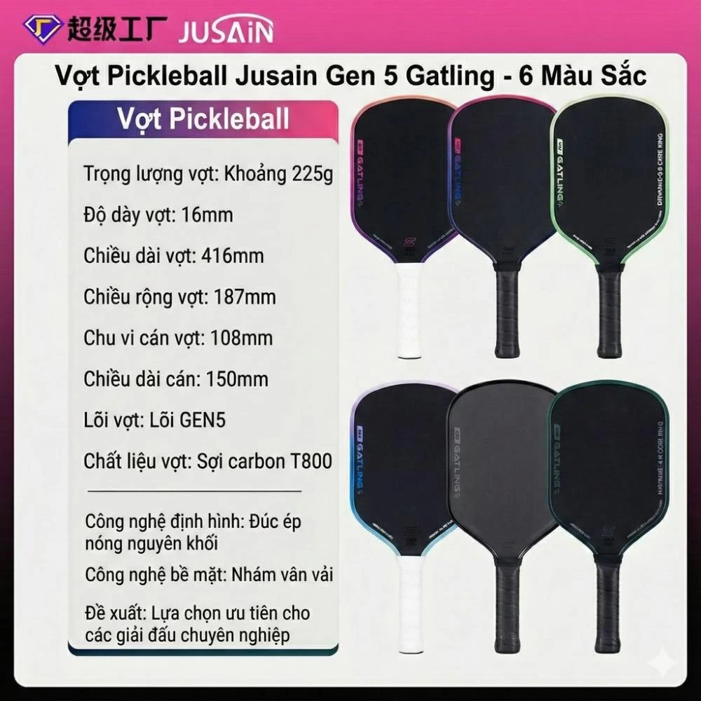 Vợt Pickleball Jusain Gatling JSRG-51X205 Gen 5 Black Honeycomb Carbon T800 16mm - Aurora Blue