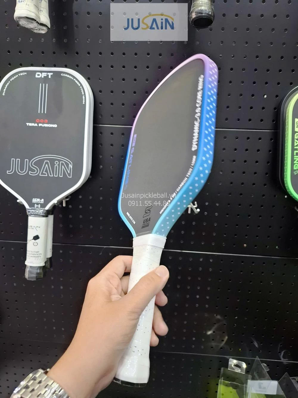 Vợt Pickleball Jusain Gatling JSRG-51X205 Gen 5 Black Honeycomb Carbon T800 16mm - Aurora Blue