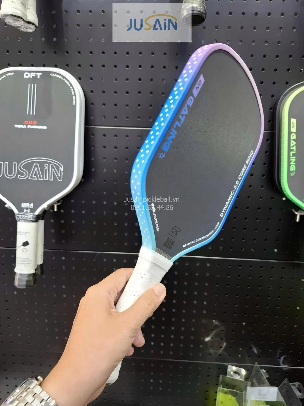 Vợt Pickleball Jusain Gatling JSRG-51X205 Gen 5 Black Honeycomb Carbon T800 16mm - Aurora Blue
