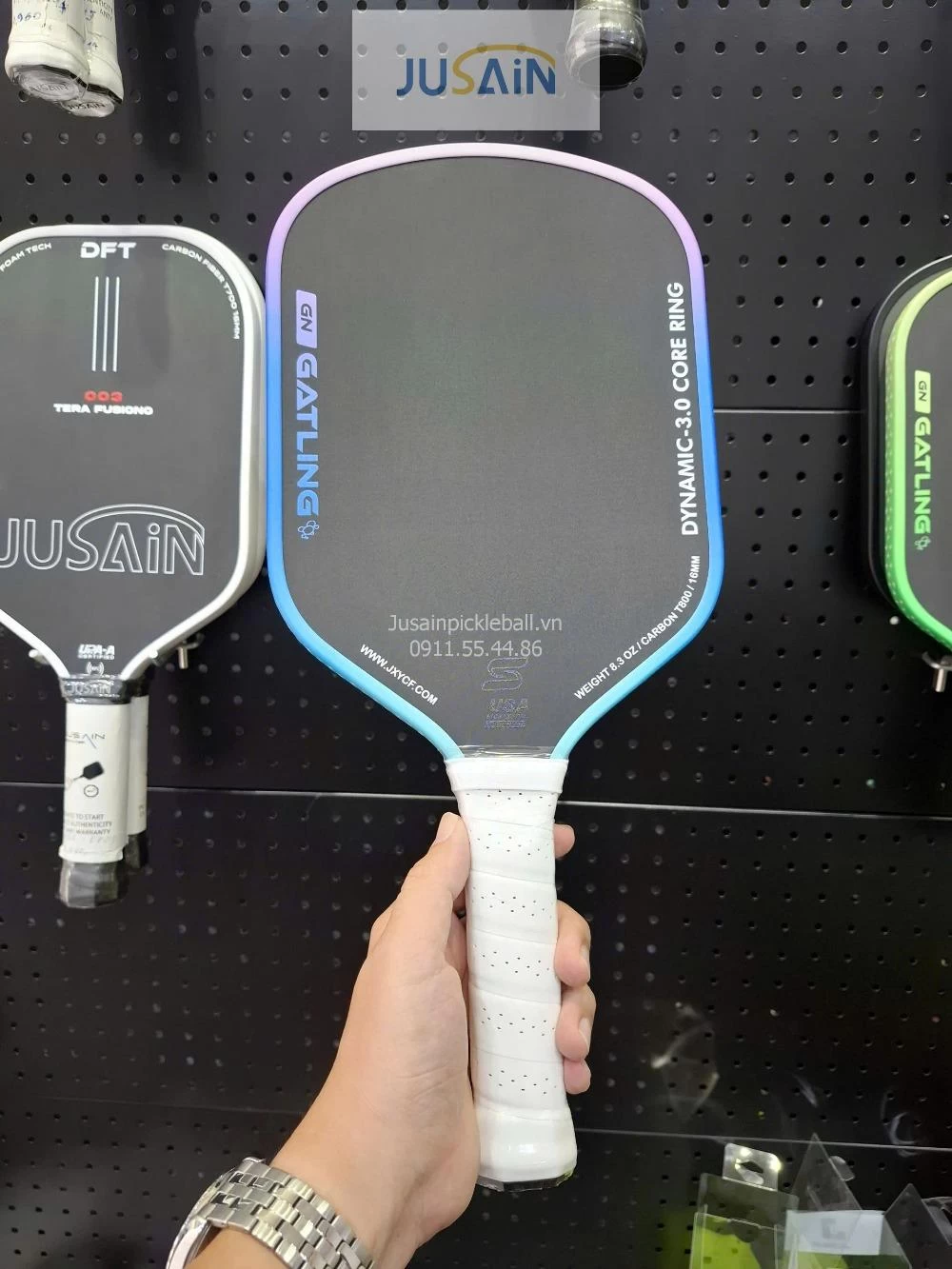 Vợt Pickleball Jusain Gatling JSRG-51X205 Gen 5 Black Honeycomb Carbon T800 16mm - Aurora Blue