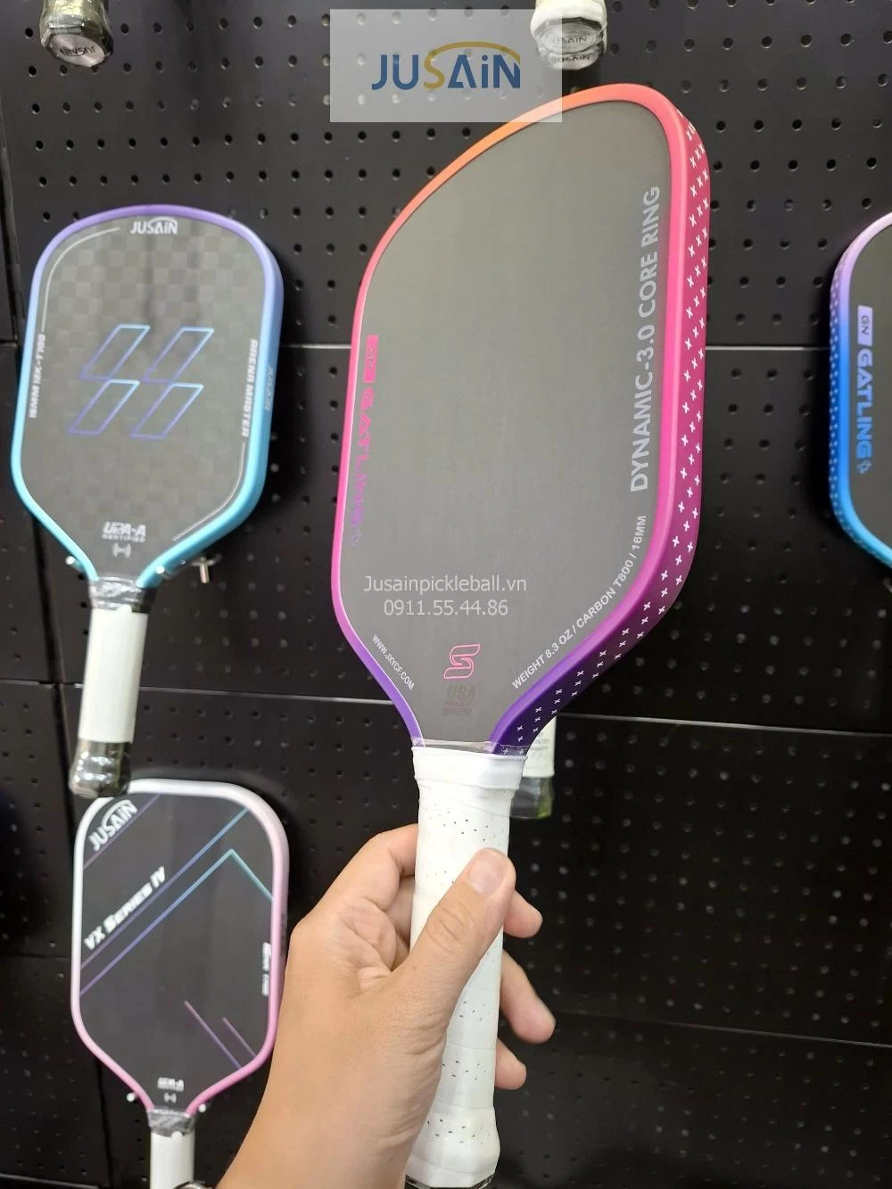 Vợt Pickleball Jusain Gatling JSRG-51X207 Gen 5 Black Honeycomb Carbon T800 16mm - Sunset Pink