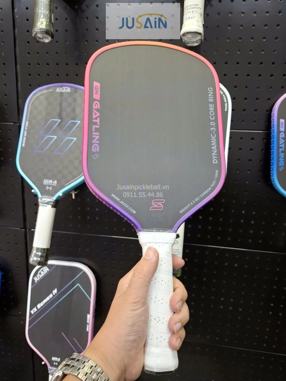 Vợt Pickleball Jusain Gatling JSRG-51X207 Gen 5 Black Honeycomb Carbon T800 16mm - Sunset Pink