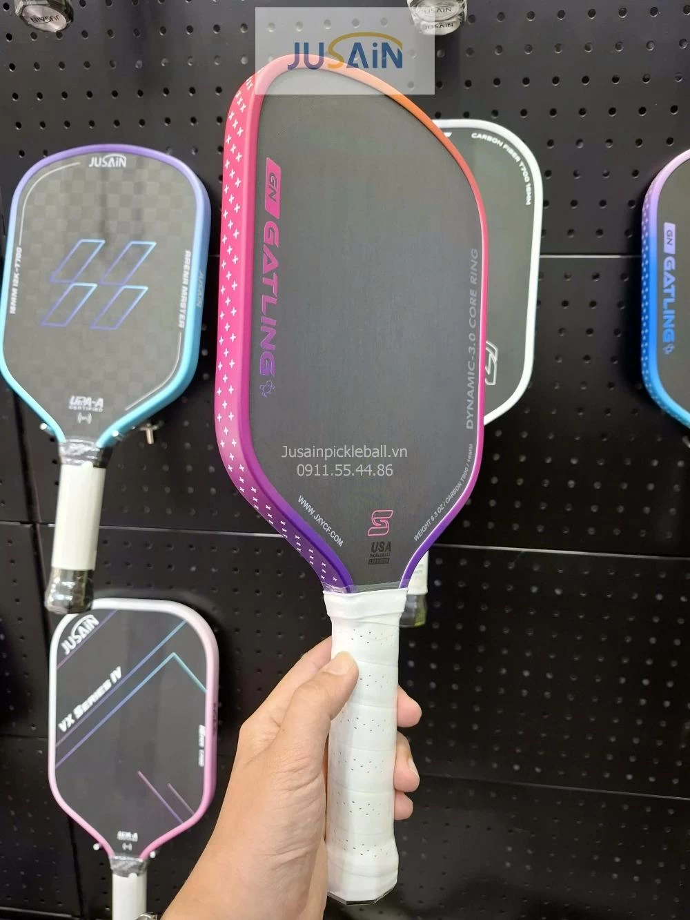 Vợt Pickleball Jusain Gatling JSRG-51X207 Gen 5 Black Honeycomb Carbon T800 16mm - Sunset Pink