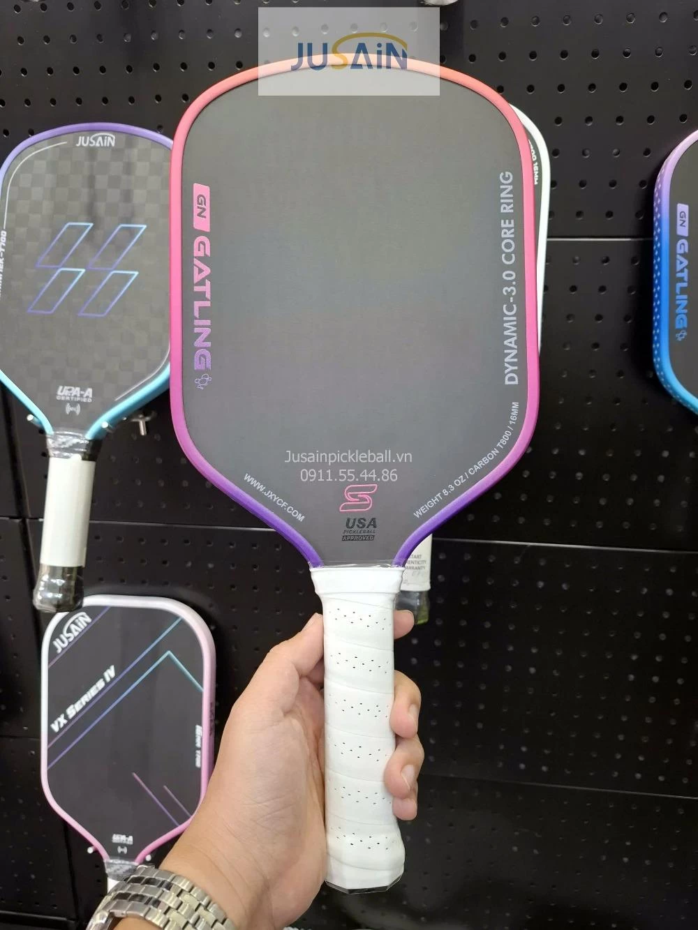 Vợt Pickleball Jusain Gatling JSRG-51X207 Gen 5 Black Honeycomb Carbon T800 16mm - Sunset Pink