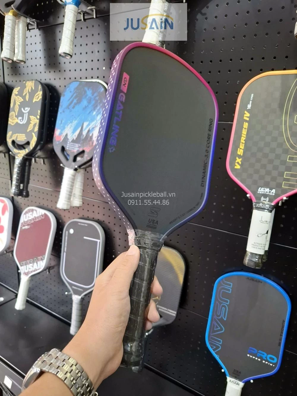 Vợt Pickleball Jusain Gatling JSRG-51X208 Gen 5 Black Honeycomb Carbon T800 16mm - Neon Pink