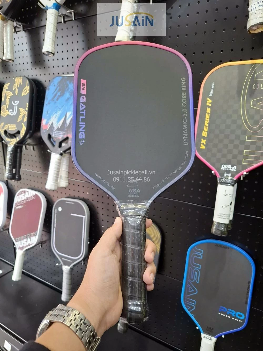Vợt Pickleball Jusain Gatling JSRG-51X208 Gen 5 Black Honeycomb Carbon T800 16mm - Neon Pink