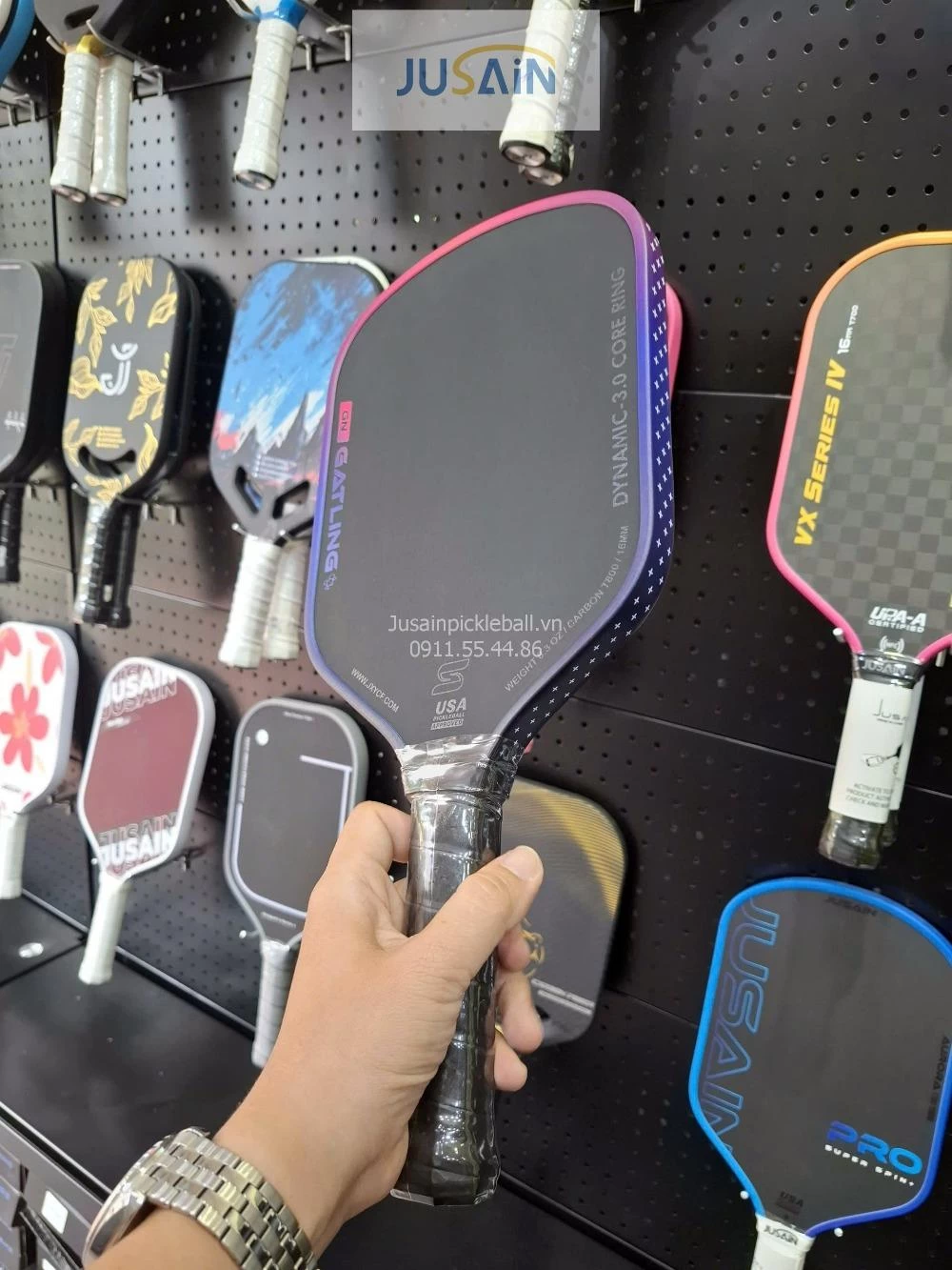 Vợt Pickleball Jusain Gatling JSRG-51X208 Gen 5 Black Honeycomb Carbon T800 16mm - Neon Pink