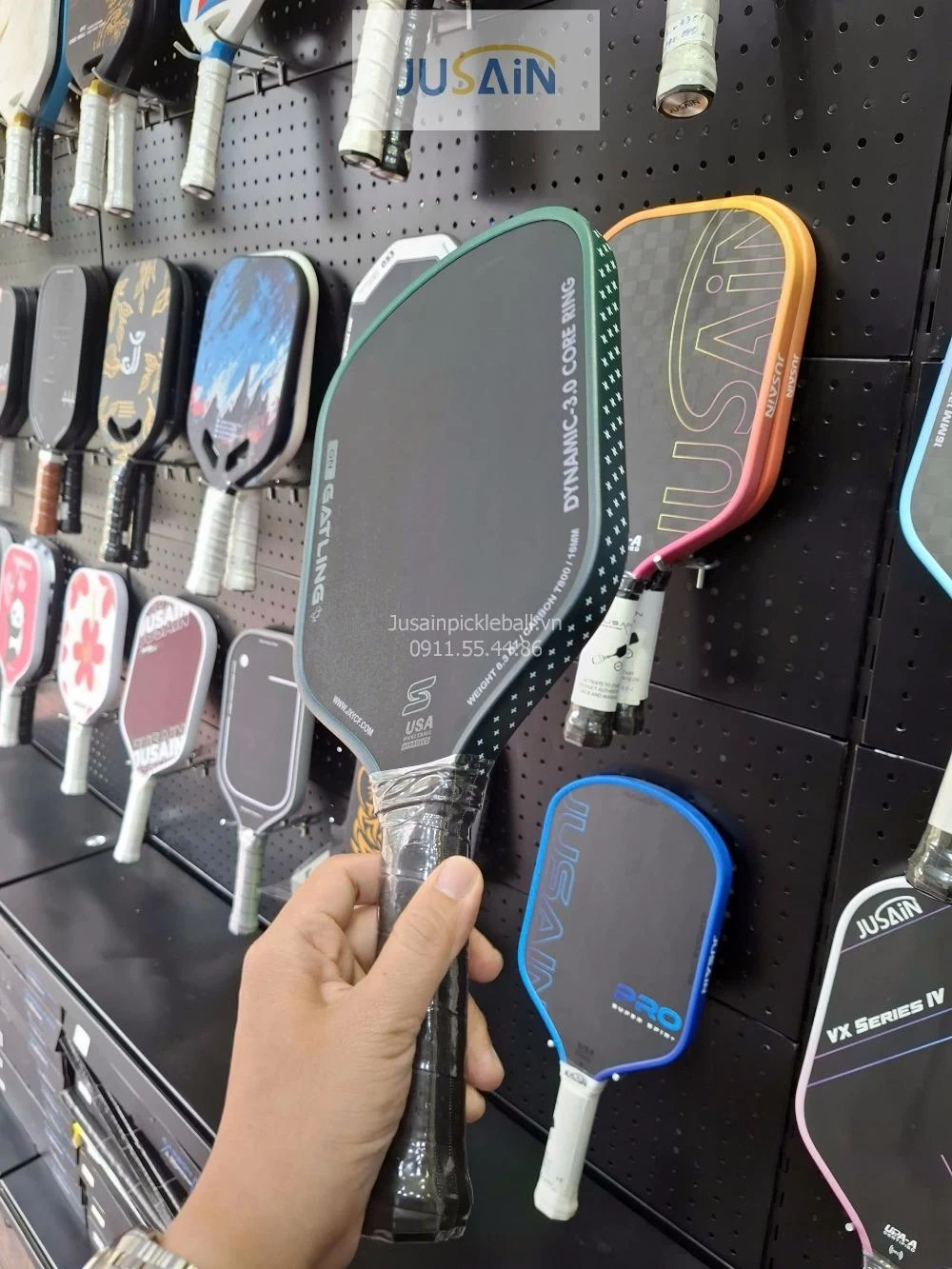 Vợt Pickleball Jusain Gatling JSRG-51X204 Gen 5 Black Honeycomb Carbon T800 16mm - Emerald Green