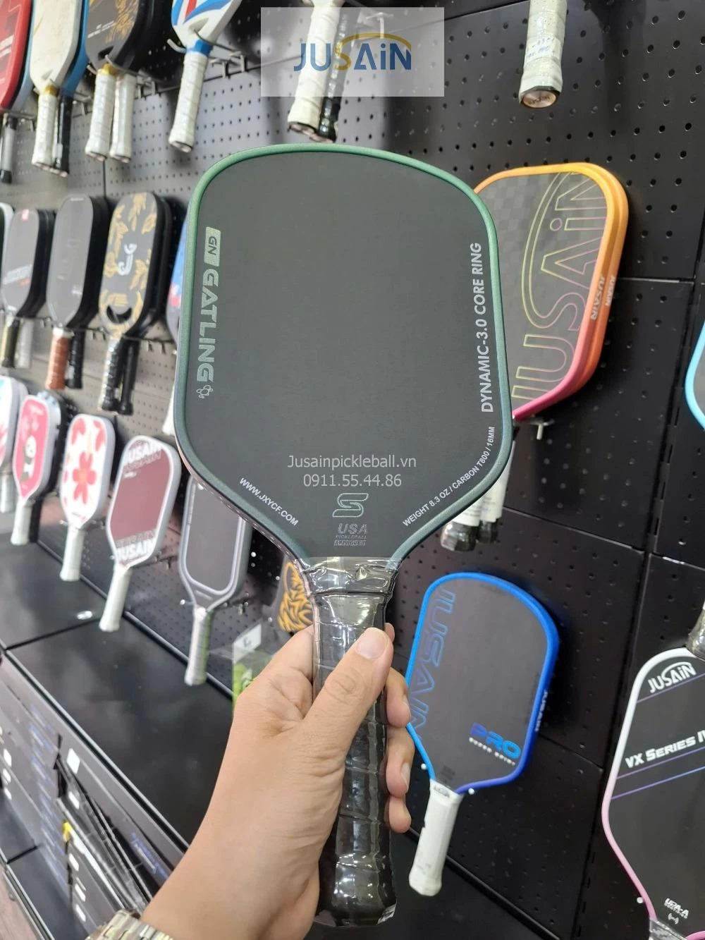 Vợt Pickleball Jusain Gatling JSRG-51X204 Gen 5 Black Honeycomb Carbon T800 16mm - Emerald Green