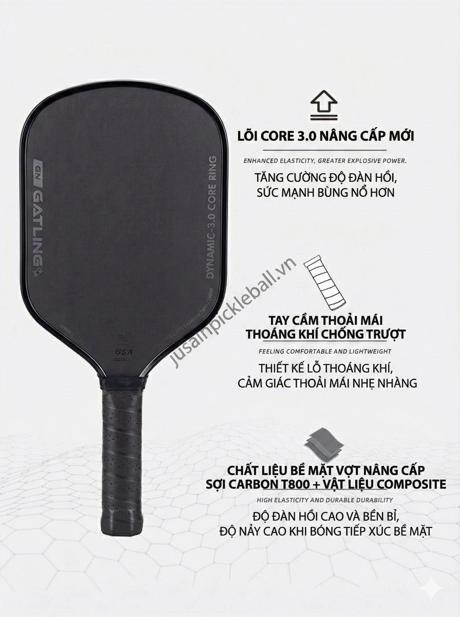 Vợt Pickleball Jusain Gatling JSRG-51X203 Gen 5 Black Honeycomb Carbon T800 16mm - Full Black